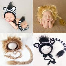 Load image into Gallery viewer, Newborn Photography Clothing Lion Zebra Design Woolen Knitted Baby Boy Girl Pictures Outfits Lionet Hat + Tail 2pcs Costumes
